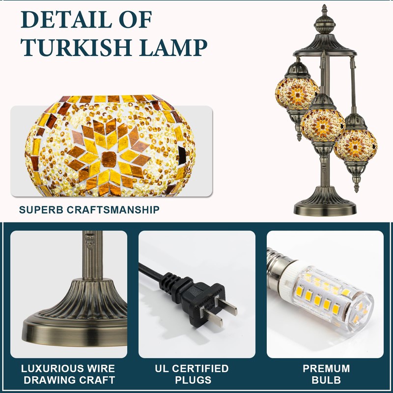 Marrakech Turkish Lamp 3 Globes Moroccan Table Lamp with Bronze