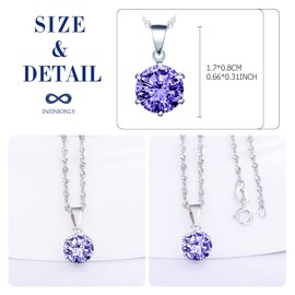 INFINIONLY Women's girl's Diamond Necklace Pendant, 925 sterling silver necklace, Six-claw zircon pendant, Elegant solitaire pendant, Perfect cutting process, Slight purple