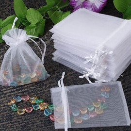 Organza Bags 5x7 inches 100Pcs, White Favor Mesh Sheer Drawstring Bag for Jewelry Wedding