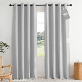 NICETOWN 100% Blackout Linen Curtains for Living Room 2 Panels, Greyish White, W52 x L90 per Panel, Noise Reducing Crisp Structured Faux Linen Curtains for Classroom, Home Office