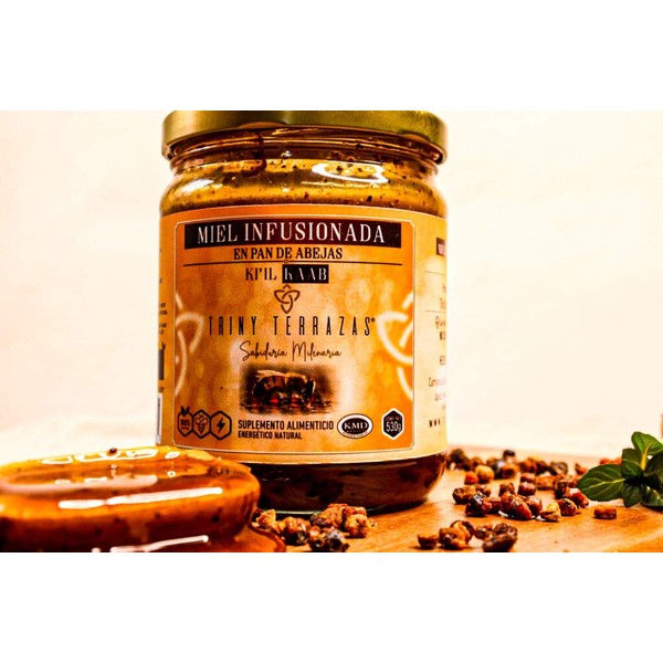 Miel Infusionada en Pan de Abeja untable, nutritiva, suave y cremosa. Frasco de vidrio 530 grs