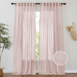 PONY DANCE Dusty Blush Linen Sheer Curtains 102 Inches Long 2 Panels, Farmhouse Privacy Window Drapes for Bedroom Living Room, Light Filtering Flax Window Treatments Curtain for Sliding Patio Door