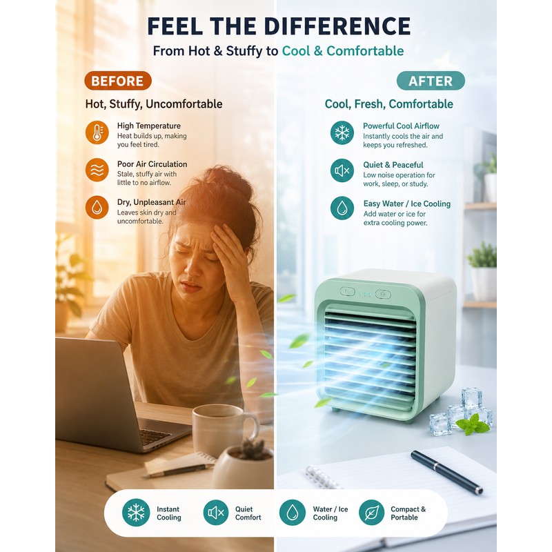 Portable Personal Air Cooler for Desk – 3-Speed Evaporative Fan