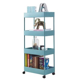 Payeel Rolling Storage Cart 4-Tier Slide Out Rolling Utility Cart Hollow Carved Storage Basket Organizer Shelf Rack with Wheels for Kitchen Bathroom Laundry (Blue)