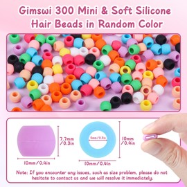 Gimswi 300 Small Silicone Hair Beads for Girls Women, 7*5mm Colorful Soft Mini Silicone Beads for Braids, Bracelet, DIY Crafts, Ornament, Plastic Quick Beader for Hair Braid, 50 Elastic Rubber Bands