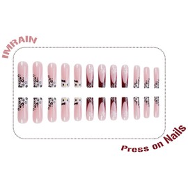 IMRAIN Press on Nails Long Square Fake Nails French Nails Tips Full Cover Glossy Squoval Leopard & Flower Acrylic Nails with Designs Glue on False Nails for Women 24Pcs