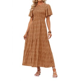 ZESICA Women's 2025 Summer Casual Floral Print Short Flutter Sleeve Crew Neck Smocked High Waist Flowy Maxi Dress,Brown,X-Large