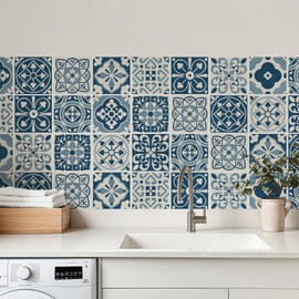 MEIHEA 30 Pack Blue and White Peel and Stick Backsplash, 4x4 Inch Mediterranean Tile Stickers, Waterproof Vinyl Wall Decals for Kitchen & Bathroom