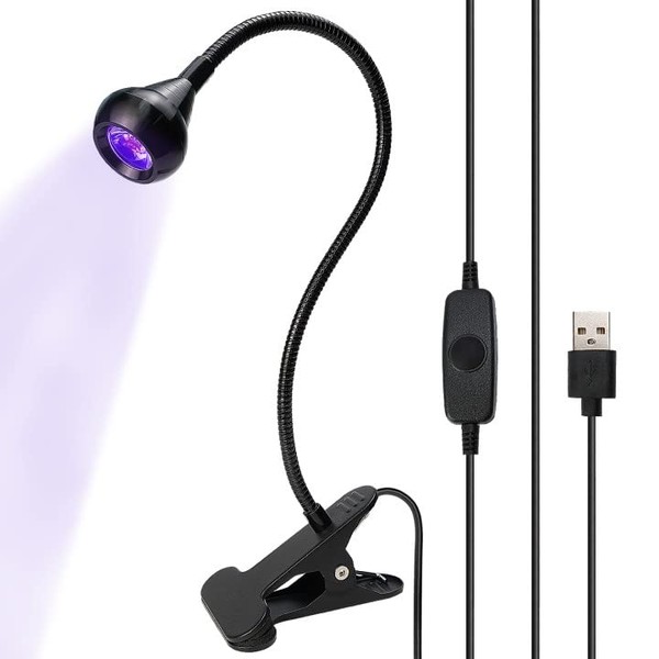 4W UV Lamp for Nail Dryer, UV LED Purple Light USB LED Lamp Bead for Repairing Mobile Phones and Circuit Boards (Black), UV Glue Lamp with Clip and Switch for Banknote Checking