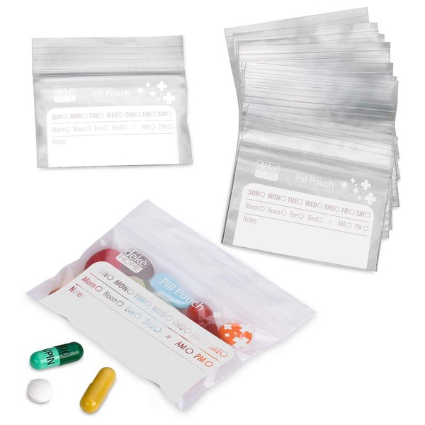 Deke - Paquete de 250 pastillas de viaje transparentes resellables para pastillas, bolsas organizadoras de 4 x 2.75 pulgadas, bolsas con etiqueta para escribir bolsa de plástico portátil para guardar vitaminas, suplementos, medicamentos, píldoras