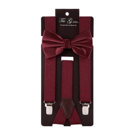TIE G Solid Color Men's Suspender + Woven Bow Tie Set for Wedding : Vivid Color, Adjustable Brace, Strong Clip, Elastic Band (Wine Burgundy)