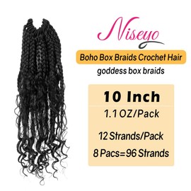 Niseyo Goddess Box Braids Crochet Hair 10 Inch 8 Packs Short Crochet Box Braids Pre Looped Curly Ends Premium Quality Synthetic Hair (1B/Natural Black)