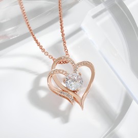 AXIOM Rose Gold Heart Pendant Necklace for Women, Girlfriend, Wife, Birthday, Anniversary, Mothers Day, Weddings, Special Occasions - Present for Women, Females, Girls, Teens. Elegant Double Heart Design with Cubic Zirconia for Her, Real 18K Rose Gold Da