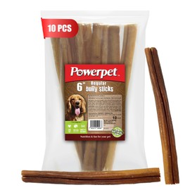 Powerpet 100% Natural Bully Stick - High Protein, Low Fat, Healthy Dog Treats, Long-Lasting Dog Chews, Easily Digestible, Cleans Teeth, Low Odor, for All Breeds & Sizes, 6" - 10 Count