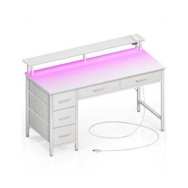 Seventable Computer Desk with Power Outlets & LED Light, 47 inch Home Office Desk with 5 Drawers, Writing Desk with Monitor Stand, Work Desk for Home Office, White