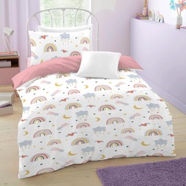 Yasida Rainbow Bedding Kids Single Duvet Cover Set Pink Single Bedding Heart Bedding With Rainbows/Clouds/Moons/Stars/Hearts For Kids Girls Single Duvet Cover 135x200cm And Pillowcase 50x75cm