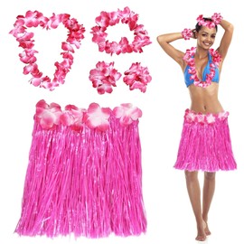 5Pcs Hawaiian Hula Grass Skirt Set, Hawaiian Fancy Dress Grass Skirts with Flowers Garlands Bracelet Headband Necklace Colorful Set, Tropical Luau Party Decorations, for Summer Beach Party (Pink)
