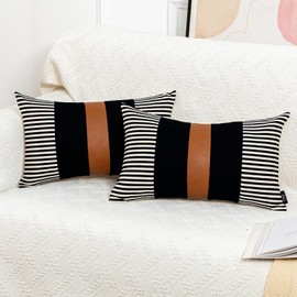 Vfuty Brown and Black Decorative Pillow Cover Set of 2, Farmhouse Stripe Pillow Cover 12x20 Modern Faux Leather Accent Pillow Case for Couch Sofa Bed Boho Patchwork Cushion Cover