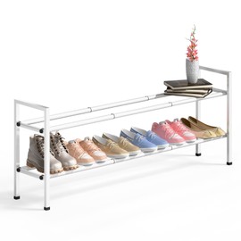 Bumusty 2-Tier Long Expandable Shoe Rack for Closet, 18"-44" Adjustable Shoe Rack for Entryway, 10-12 Pairs Large Shoe Organizer Shelf Storage, Sturdy Metal, White