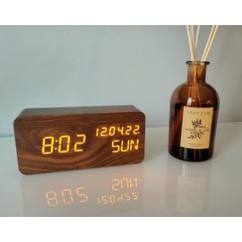 Pokanic Wood Digital Alarm Clock Desk Time, Date(MM/DD/YY), Day of The Week, Temperature, Nightlight Large LED Display Portable Lamp Bedroom, Office, School, Home, Livingroom, Room (Brown)