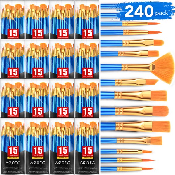 AROIC Acrylic Paint Brush Set, 240 pcs/ 16 PackNylon Hair