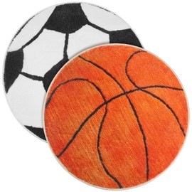 Woanger 2 Pcs Soccer Sports Rug Football Basketball Rug Sports Bathroom Rug Round Area Rug Football Mat Floor Chair Carpet Decoration for Boy Children Kids Bedroom Living Room 23.6 Inch in Diameter