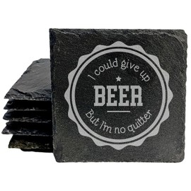 Man Cave Must-Have: Give Up Beer? Don't Be Ridiculous! Laser-Etched Coasters for Dedicated Drinkers - Square Slate - set of 8
