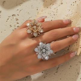 Double Layered Rhinestone Flower Ring for Women Cubic Zirconia Geometry Sunflower Wrap Finger Band Adjustable Open Bands Rings Engagement Jewelry (Silver)