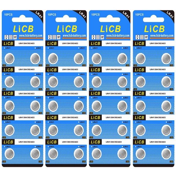 LiCB 40 Pack LR41 AG3 392 384 Batteries,Long-Lasting & Leak-Proof,High Capacity 1.5 Volt LR41 Coin & Button Cell Battery for Digital Thermometer Ornament Hearing Aid Led Watch