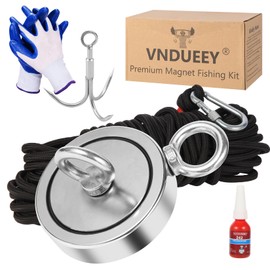 VNDUEEY 1725 LBS Magnet Fishing Kit, Strong Fishing Magnet Kit - Includes Heavy Duty 65 FT Rope, Grappling Hook, Gloves, Locking Carabiner - Magnetic Fishing for Treasure Hunt - 3.7 inch