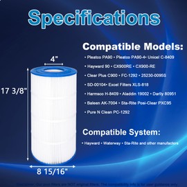 Clearipple 90 Sq. Ft. Pool Filter Compatible with Hayward C900, CX900RE, Pleatco PA90, Unicel C-8409, Filbur FC-1292, Sta-Rite PXC95, Ultral-B6, L x OD: 17 3/8" x 8 15/16", NSF Certified, 2 Pack