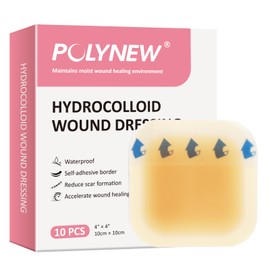 POLYNEW 4" x 4"-10Pcs/Box Hydrocolloid Dressing with Border for Light Exudate, Hydrocolloid Patches Waterproof Wound Dressing, Adhesive Hydrocolloid Bandages, for Pressure Ulcer, Bed Sore