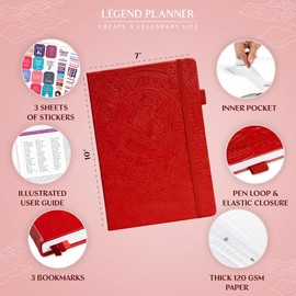 Legend Planner PRO – Undated Weekly & Monthly Life Planner for Goals & Productivity. Time Management Organizer Notebook, 18x25.5cm (Red)