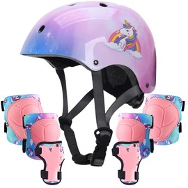 Kids Helmet with Knee Pads Elbow Pads and Wrist Guards,Adjustable Protective Gear Set for Girls Age 3-5-8 Years fit Roller Skates, Bicycle, Skateboarding, Scooter (Pink)