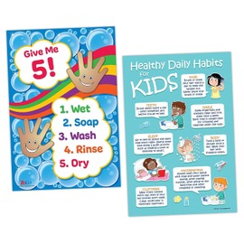 ZOCO Healthy Kids 2 Pack: Kids Healthy Daily Habits Poster (1) Give Me 5 Handwashing Poster (1) - Laminated, 12" x 18" - Pediatric Health Posters for School Nurse Office - Daycare Supplies