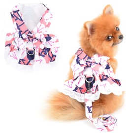 PAIDEFUL Dog Dress Harness and Leash Set Costume Floral Bow Cats Sundress for Small Pets Girls Soft Puppy Clothes, Pink, S
