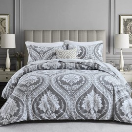 CozyDH Cotton King Size Duvet Cover Paisley Print, Reversible Damask Medallion Percale Duvet Cover Set 3pcs Bed Cotton Quilt Cover, Cotton Soft Breathable Bedding (King, Grey White Floral)