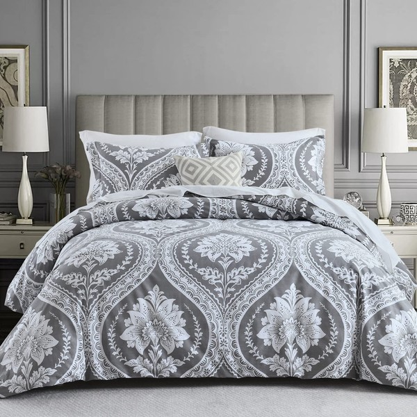 CozyDH Cotton King Size Duvet Cover Paisley Print, Reversible Damask