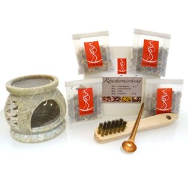 Fumaga 7-Piece Incense Burner Starter Set with Soapstone Flower Incense Burner, Diameter 7.5 cm, Height: 8.0 cm