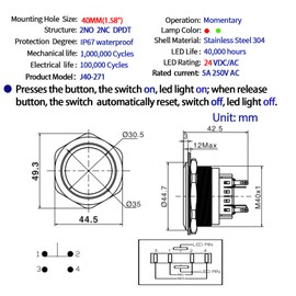 ZJWZJH 40mm Momentary Big Push Button Switch Start Switch 2 Color Light Red and Green LED 24V Waterproof 2NO 2NC DPDT for 1.57" Mounting Hole with Wire (Volts, 24)