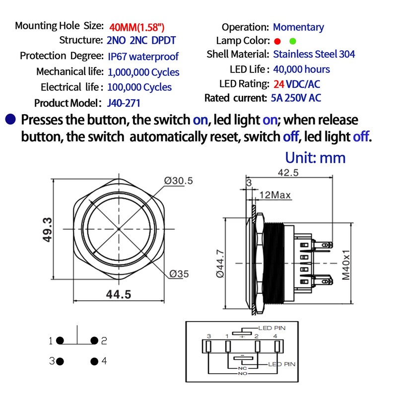 ZJWZJH 40mm Momentary Big Push Button Switch Start Switch 2