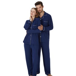 PJGGZ Matching Pajamas for Couples, Button Up Pjs Set for Men and Women Soft Warm Loungewear (Navy Blue, L)