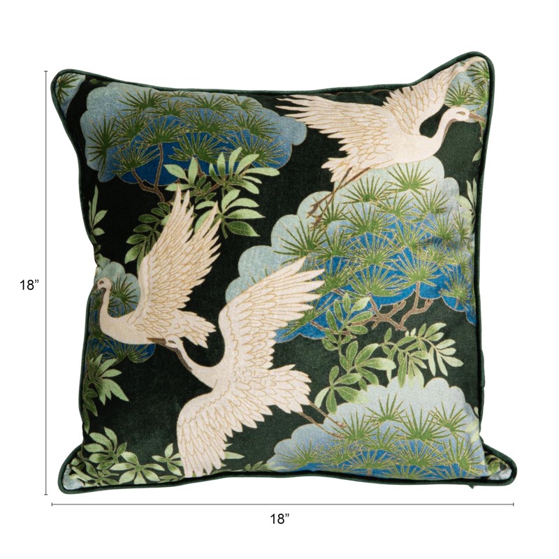 Creative Co-Op Cotton Blend Velvet Printed Pillow with Cranes and
