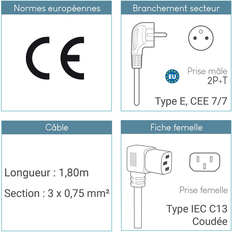 Power Cord Right Angle 2 Pin + Earth Sector CEE7/IEC