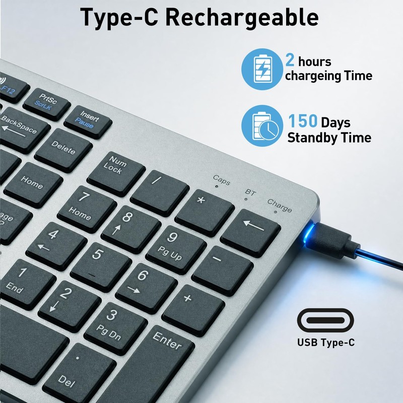 KUNSI Wireless Keyboard,Bluetooth and 2.4G USB Wireless Keyboard,Rechargeable Slim Quiet