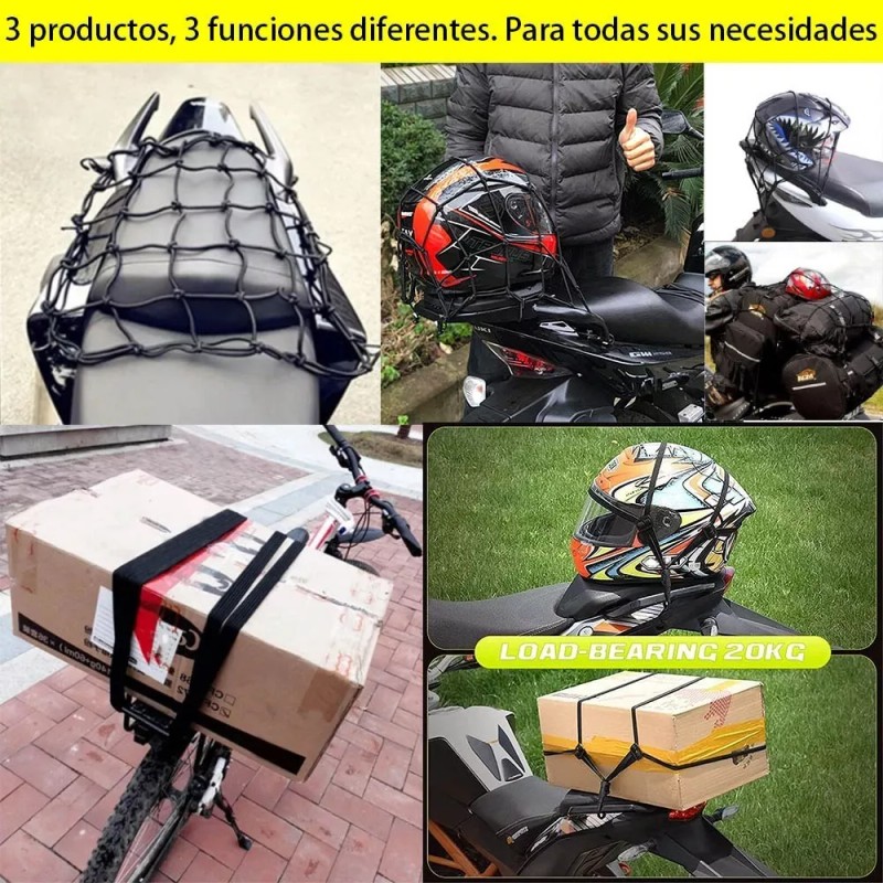Redes Malla Moto Sujetar Casco Portabulto Cuerda Gancho 3pcs