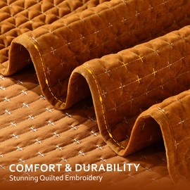 Grassix Velvet Queen Quilt Set - Luxury Cozy Velvet Quilt Bedding Set, Lightweight Soft Velvet Comforter for All Season, Cross Stitch Bedspreads Queen Size with 2 Shams, Gold Caramel