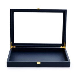 Oirlv Premium Blue Leather Flat Jewelry Tray with Acrylic Lid Jewelry Organizer Case Showcase Big Necklace Display Organizer Box with Locks for Security