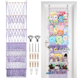 iHansee 5 Tier Stuffed Animal Storage Shelf Net, 17x61 Inch Large Plushie Net w/LED Light & Clips for Mini Medium Stuffy Teddy, Purple Boho Macrame Wall Toy Holder Display for Nursery Kids Girls Boys