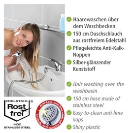 WENKO 22866100 Shower for handbasin - Mobile hand shower with stainless steel shower hose, Acrylonitrile-Butadiene-Styrene (ABS), 170 x 3.5 x 6.5 cm, Silver shiny